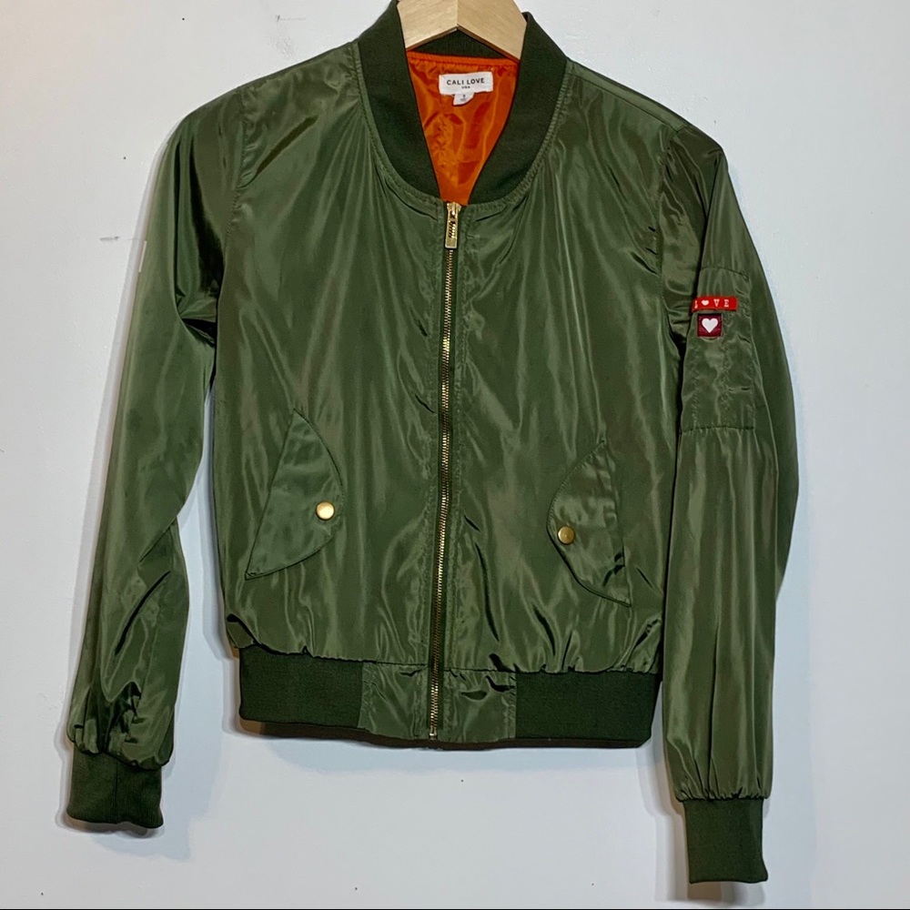 EUC Olive Green Orange Lined Bomber Style Jacket‎